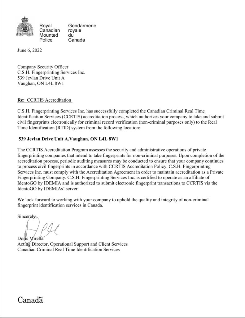 RCMP CCRTIS accreditation letter confirming C.S.H. Fingerprinting Services Inc. is authorized to submit civil fingerprints electronically